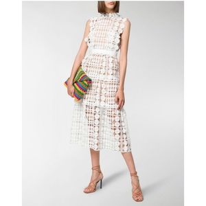 Self-Portrait Lattice Tiered Floral Lace Midi Dress
